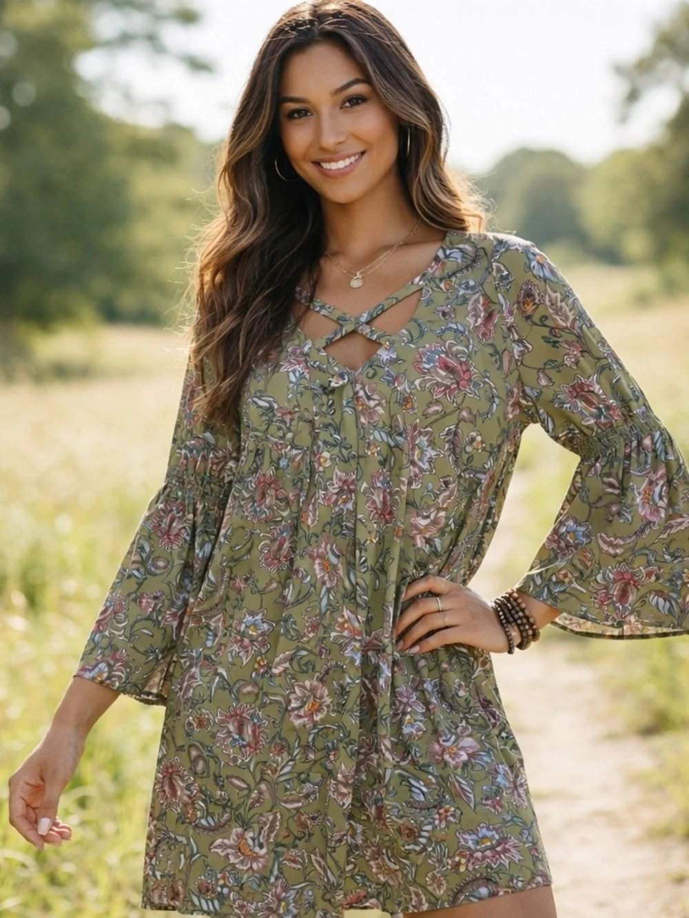 Peach Love Green Floral Boho Bell Sleeve Tunic Dress Small